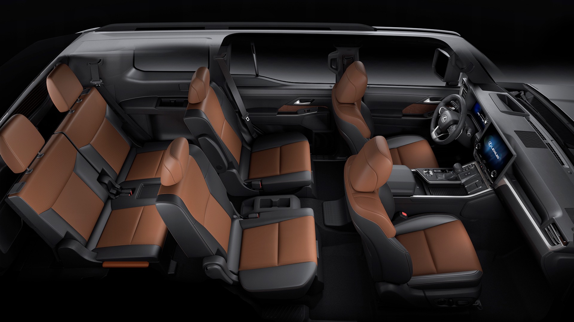 A rear view through the interior space of the Lexus GX - the back seats are folded so you can see all the way through to the back of the driver and passenger seats.