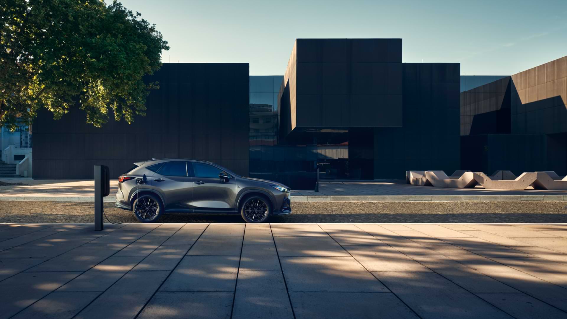 An NX sits charging on the side of a road, under the shade of a tree.